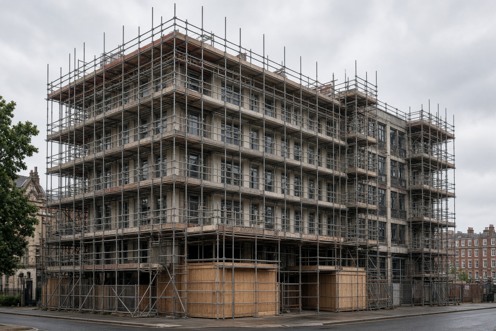 Commercial scaffolding on a mid-rise city building
