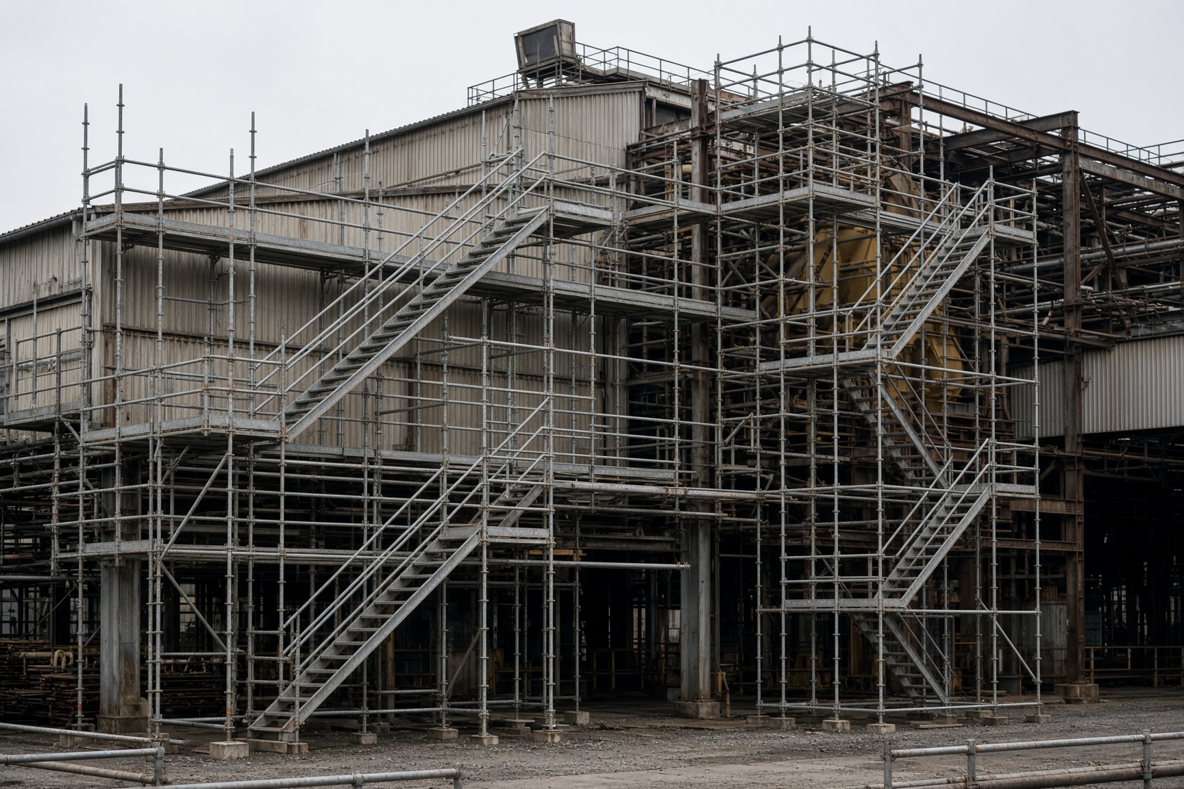 Industrial scaffolding around a warehouse structure