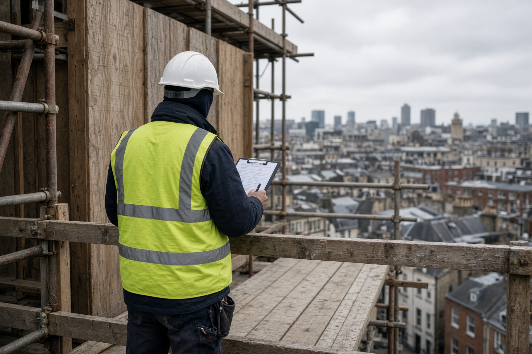 Scaffolder inspecting a boarded lift