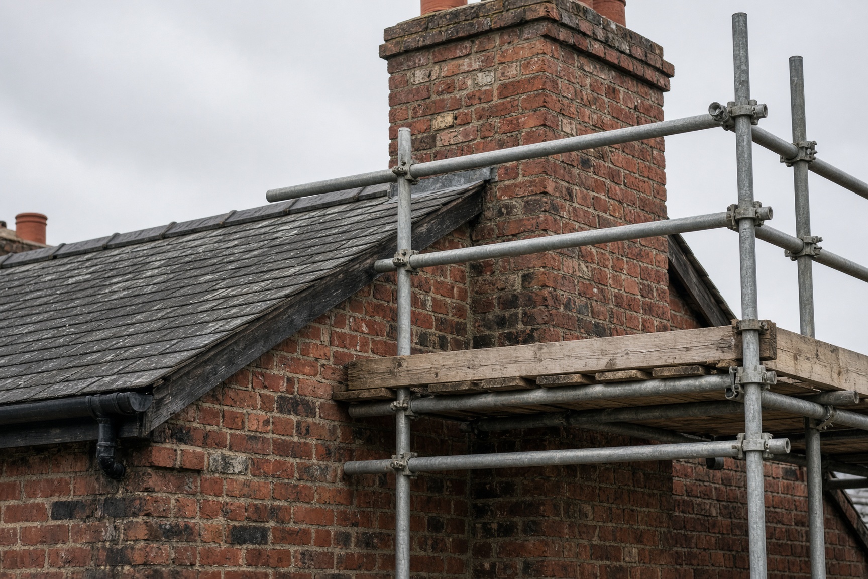 Roof-edge and chimney scaffolding on a Victorian brick house
