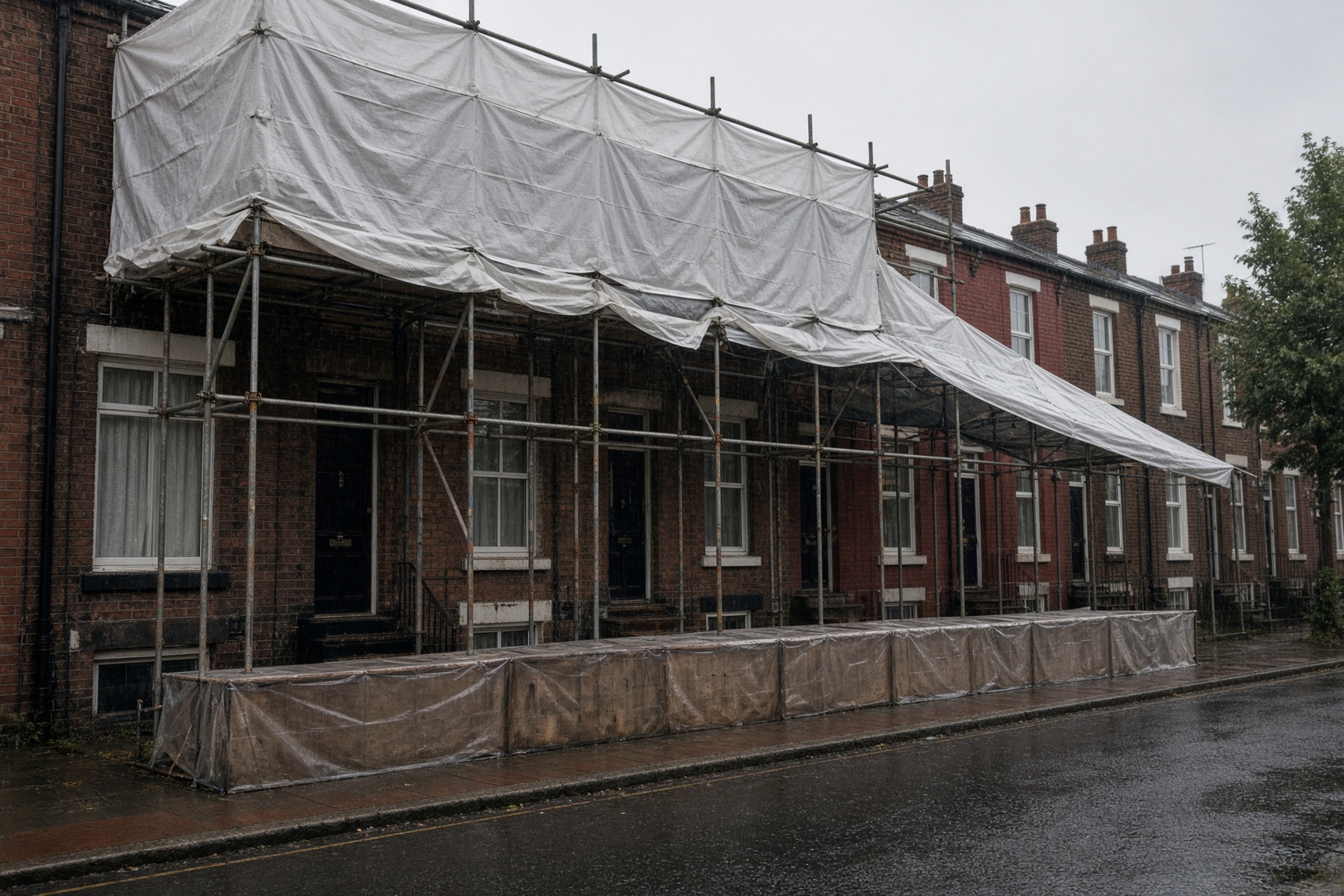 Temporary roof scaffold sheeting over a terraced house