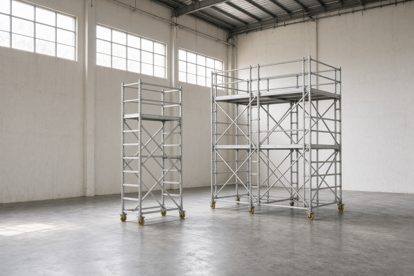 Access towers and birdcage scaffold in a large hall